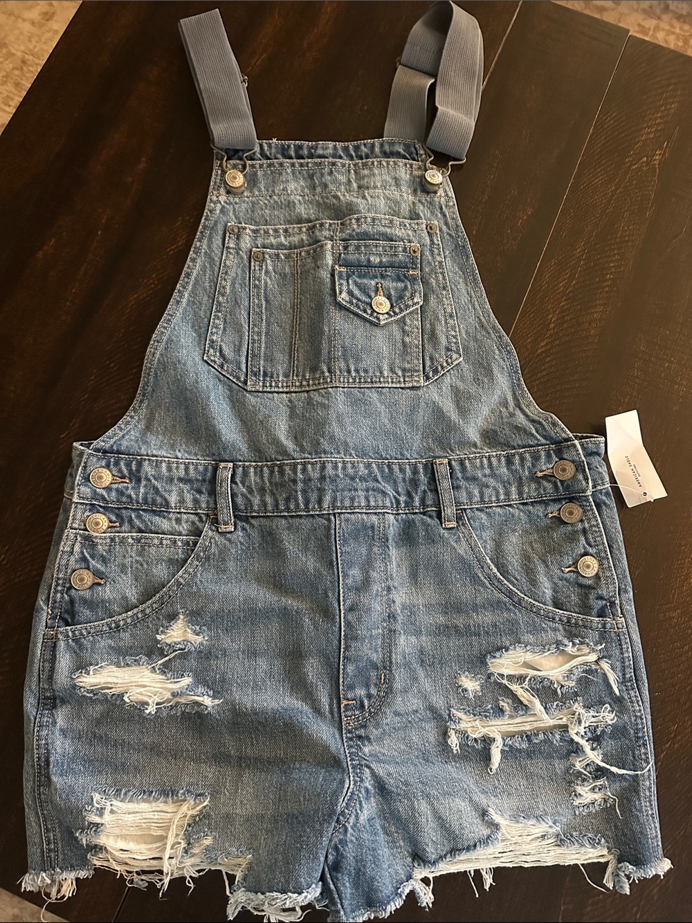 American Eagle Outfitters Distressed Light Blue Denim Short Overalls